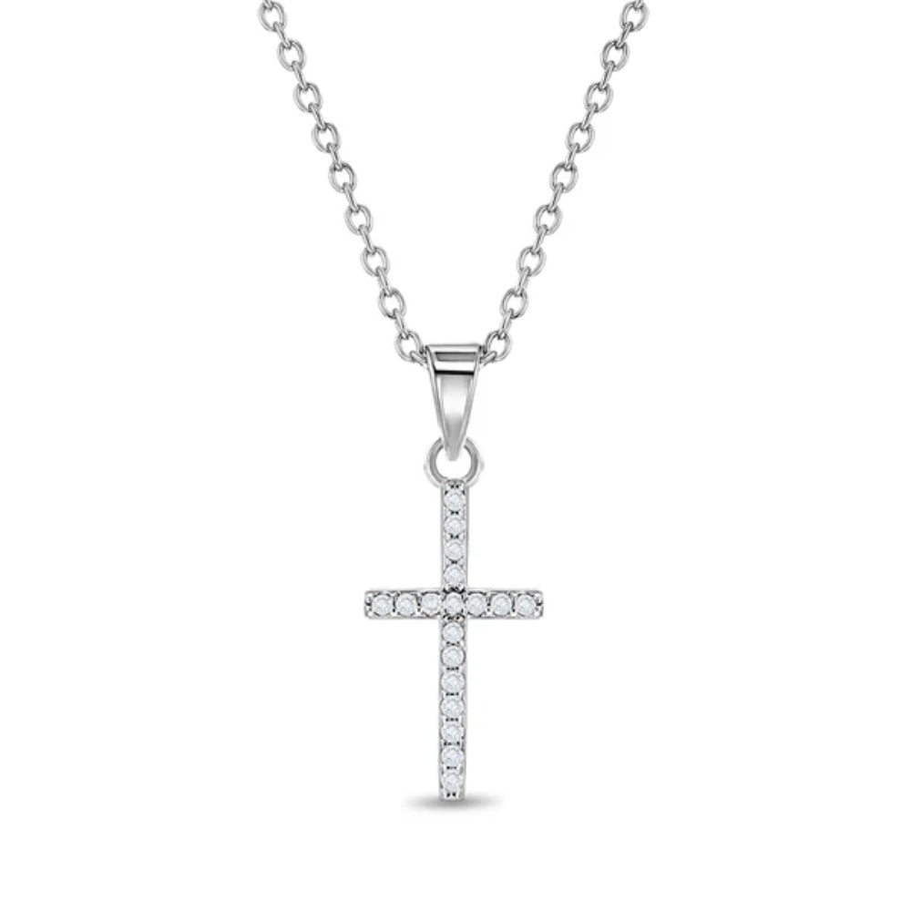 Silver cross pendant necklace on a white background