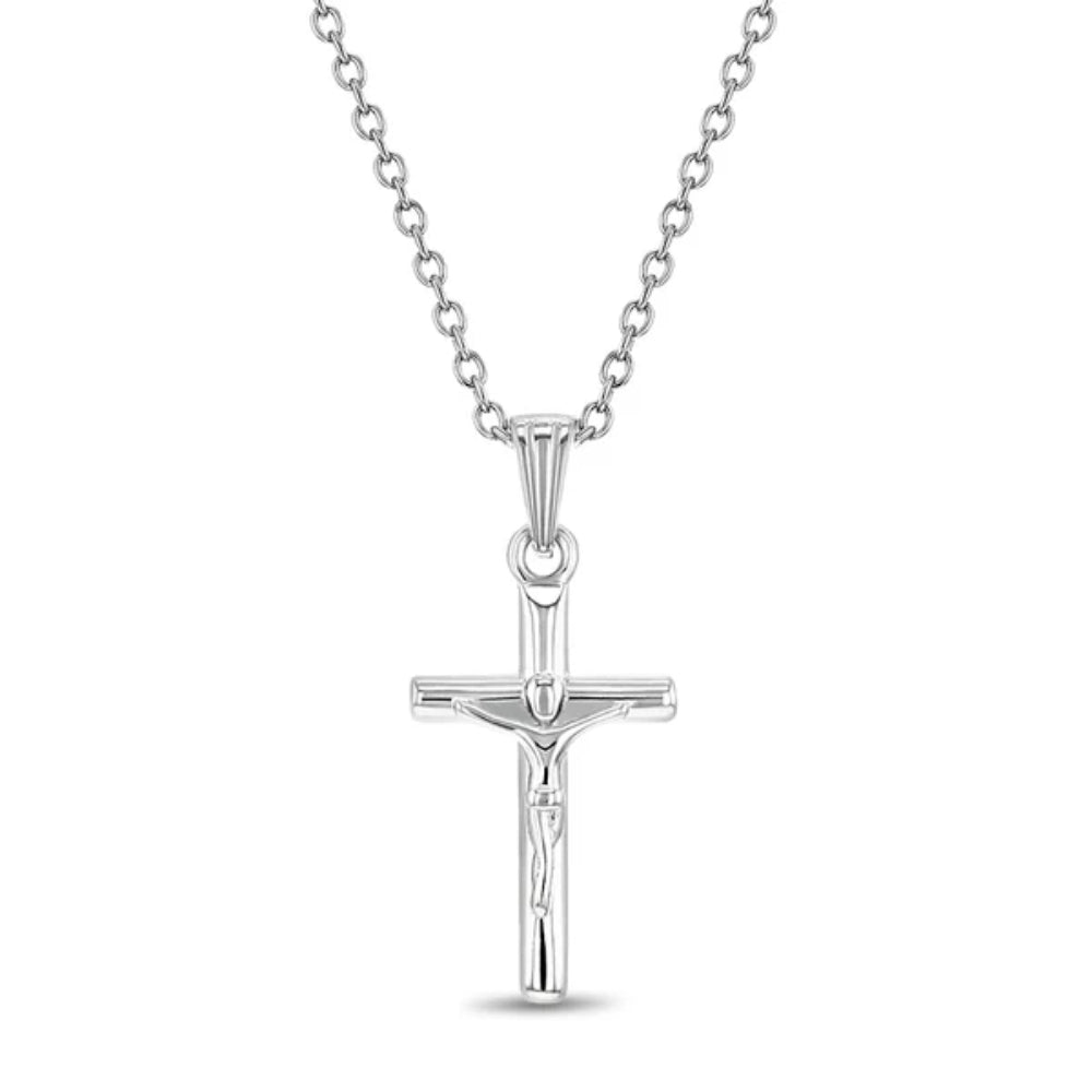 Silver crucifix pendant on a chain against a white background