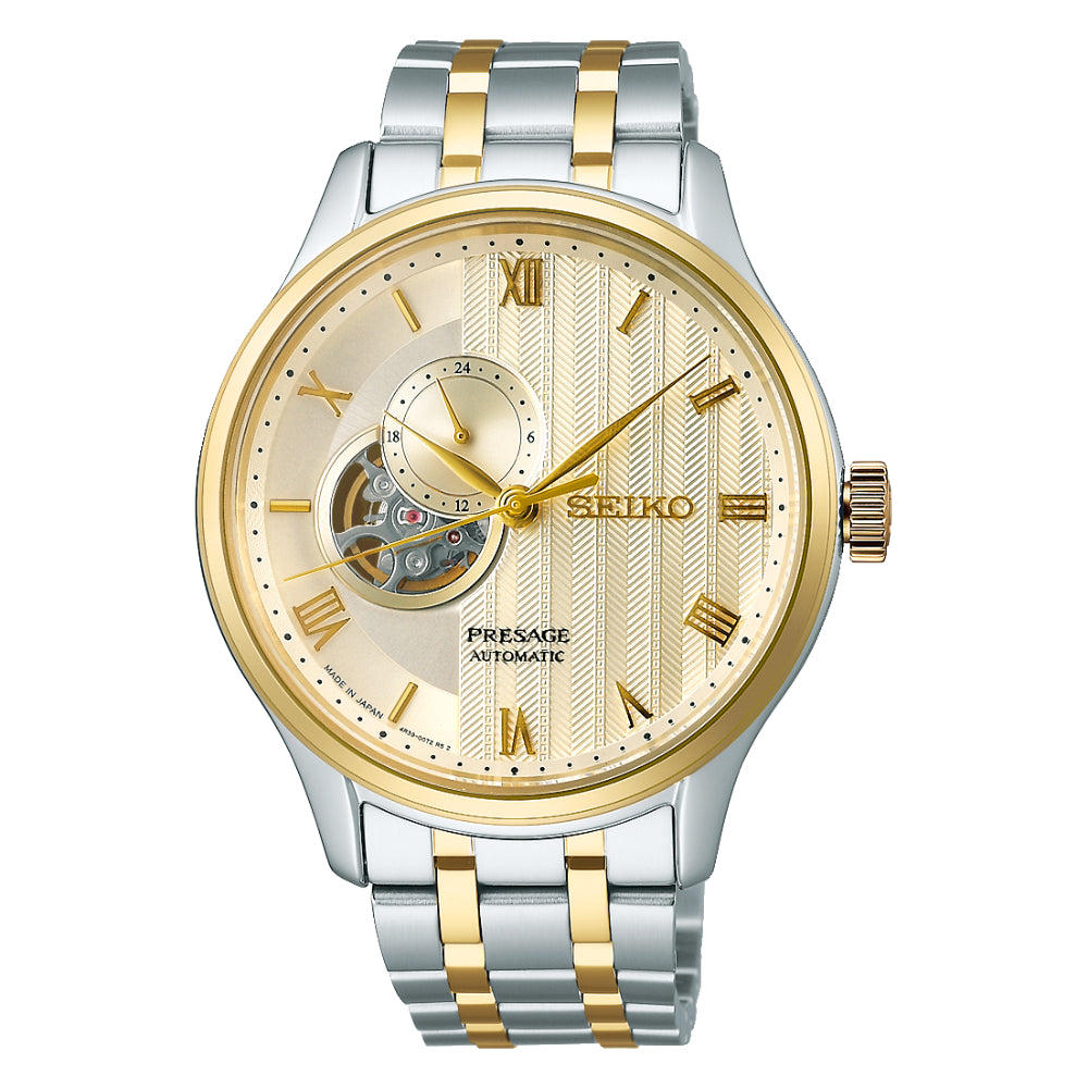 Seiko Presage watch with two-tone metal strap on a white background