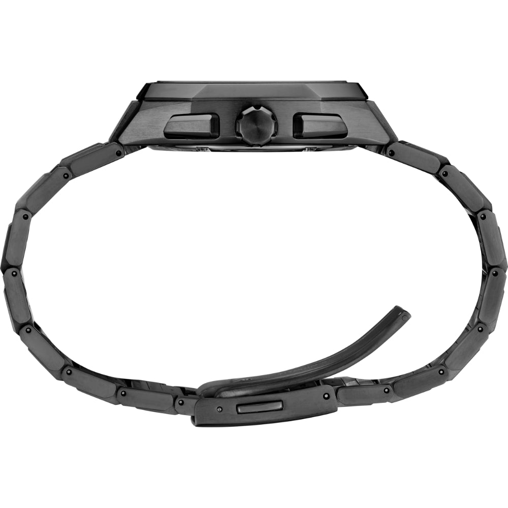 A black smartwatch with a rectangular face and a matching black link-style band, shown from the back on a plain white background.
