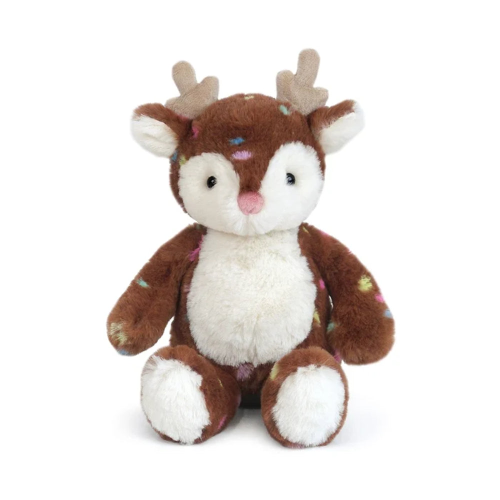 A plush stuffed deer toy with brown and white fur, small multicolored sprinkle-like dots, and beige antlers, photographed on a clean white background.