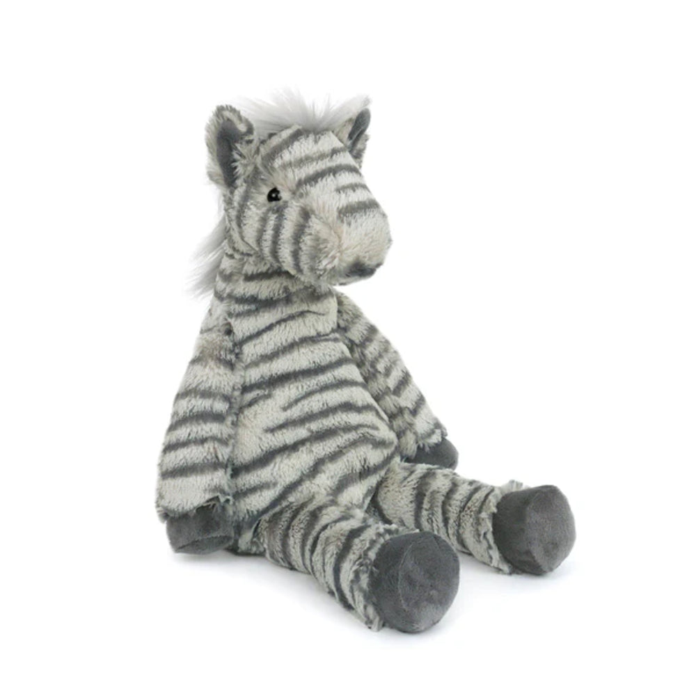 Plush grey zebra toy on a white background.