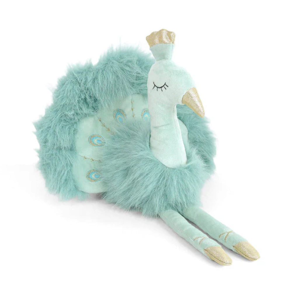 Plush teal blue peacock with teal feathers on a white background.
