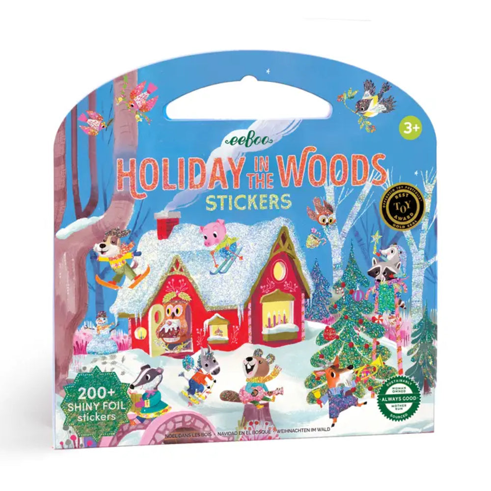 Packaging of 'Holiday in the Woods' stickers with festive design and colorful characters.