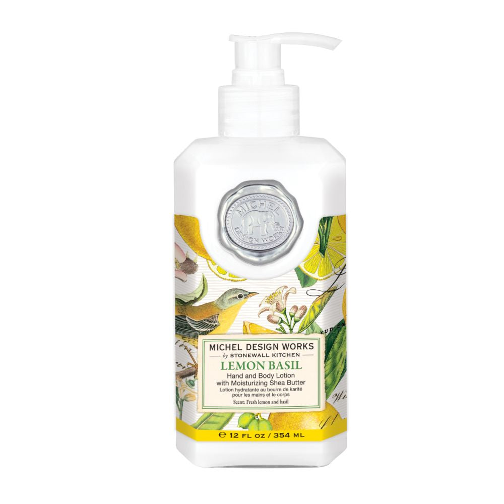 Lotion bottle with lemon basil design on a white background