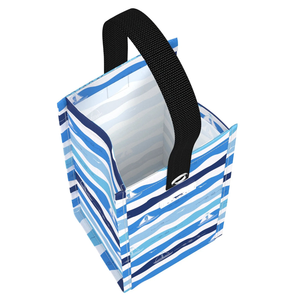 Blue striped bag with a black handle on a white background