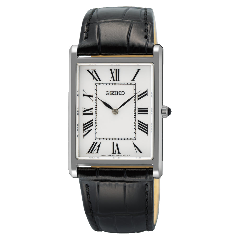 Seiko watch with black leather strap and white face on a white background