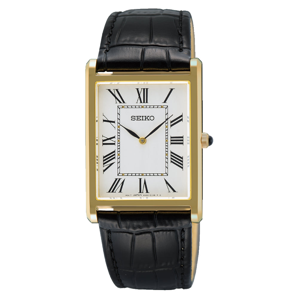 Seiko watch with black leather strap and gold case on white background