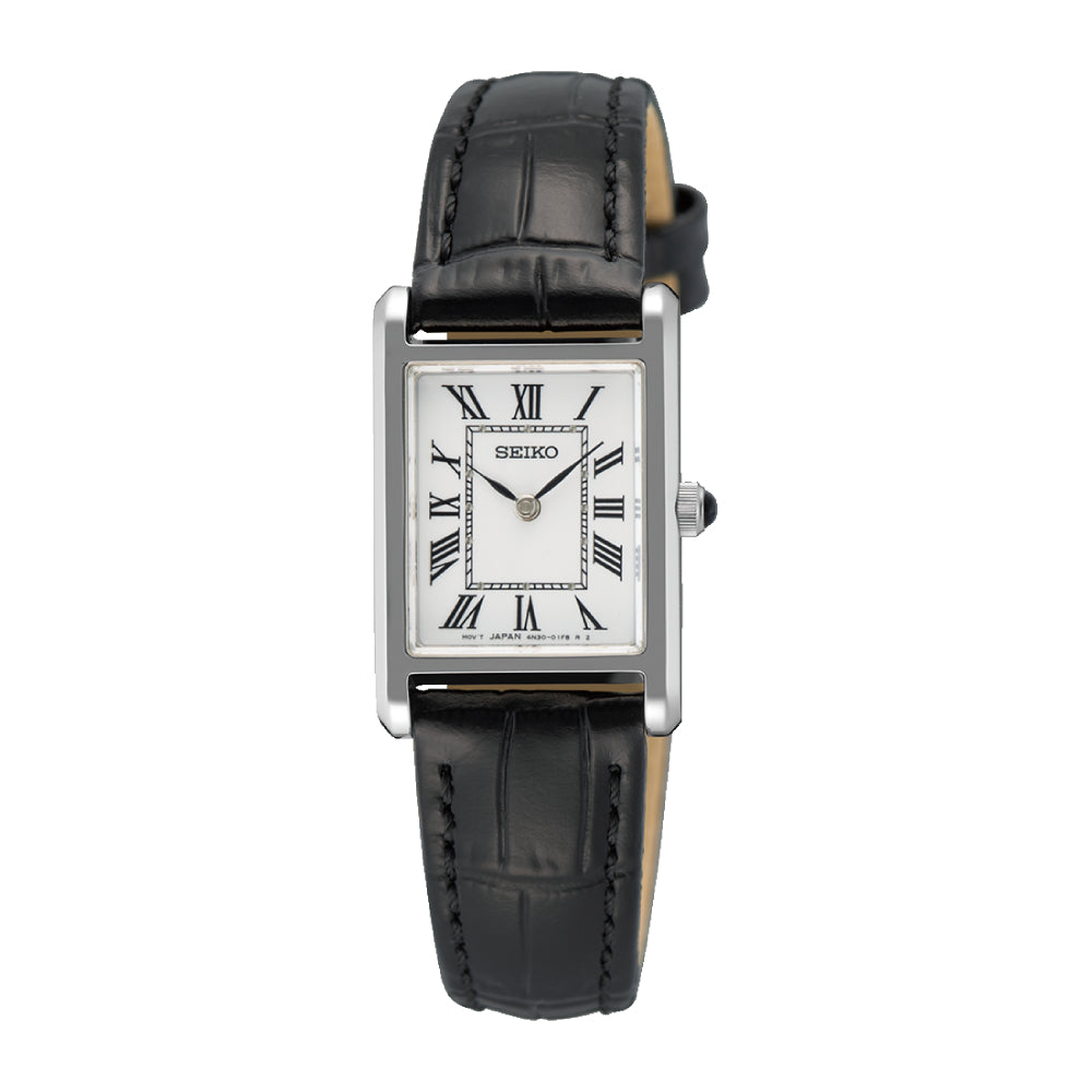 Seiko watch with black leather strap on a white background