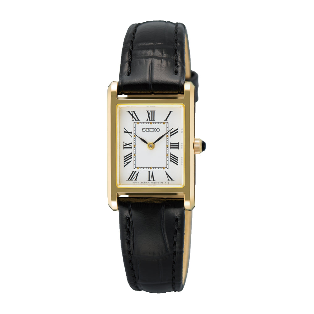 Seiko watch with black leather strap on a white background