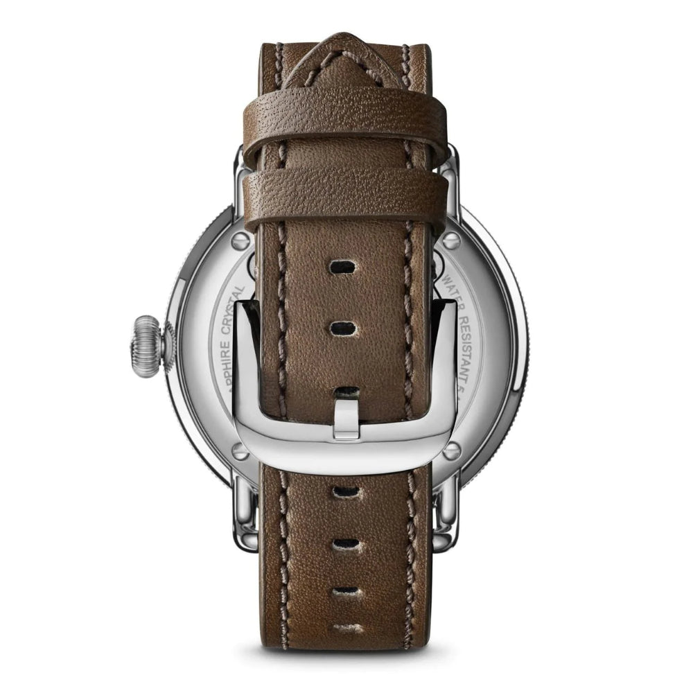 Shinola Canfield 43mm, White Dial / Brown Leather Strap
