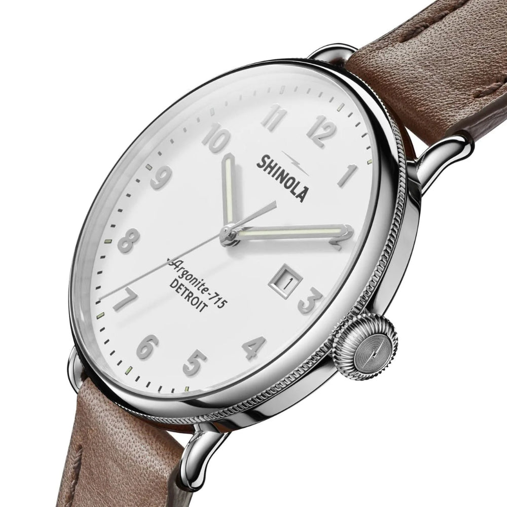 Shinola Canfield 43mm, White Dial / Brown Leather Strap