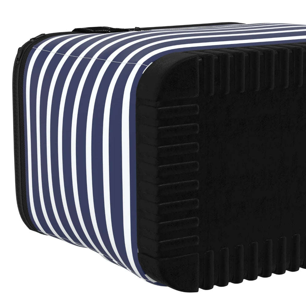 A soft cooler with navy blue and white horizontal stripes, featuring black straps and a reinforced bottom.