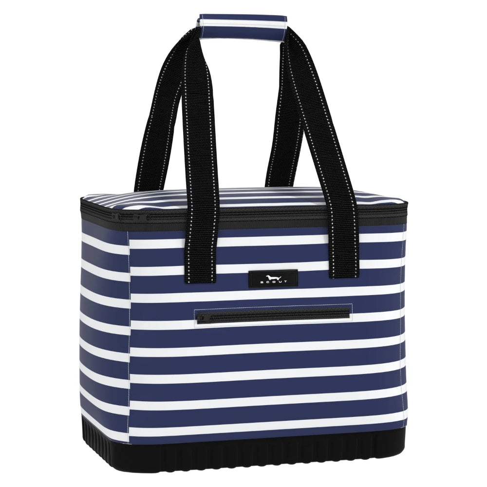 A soft cooler with navy blue and white horizontal stripes, featuring black straps and a reinforced bottom.