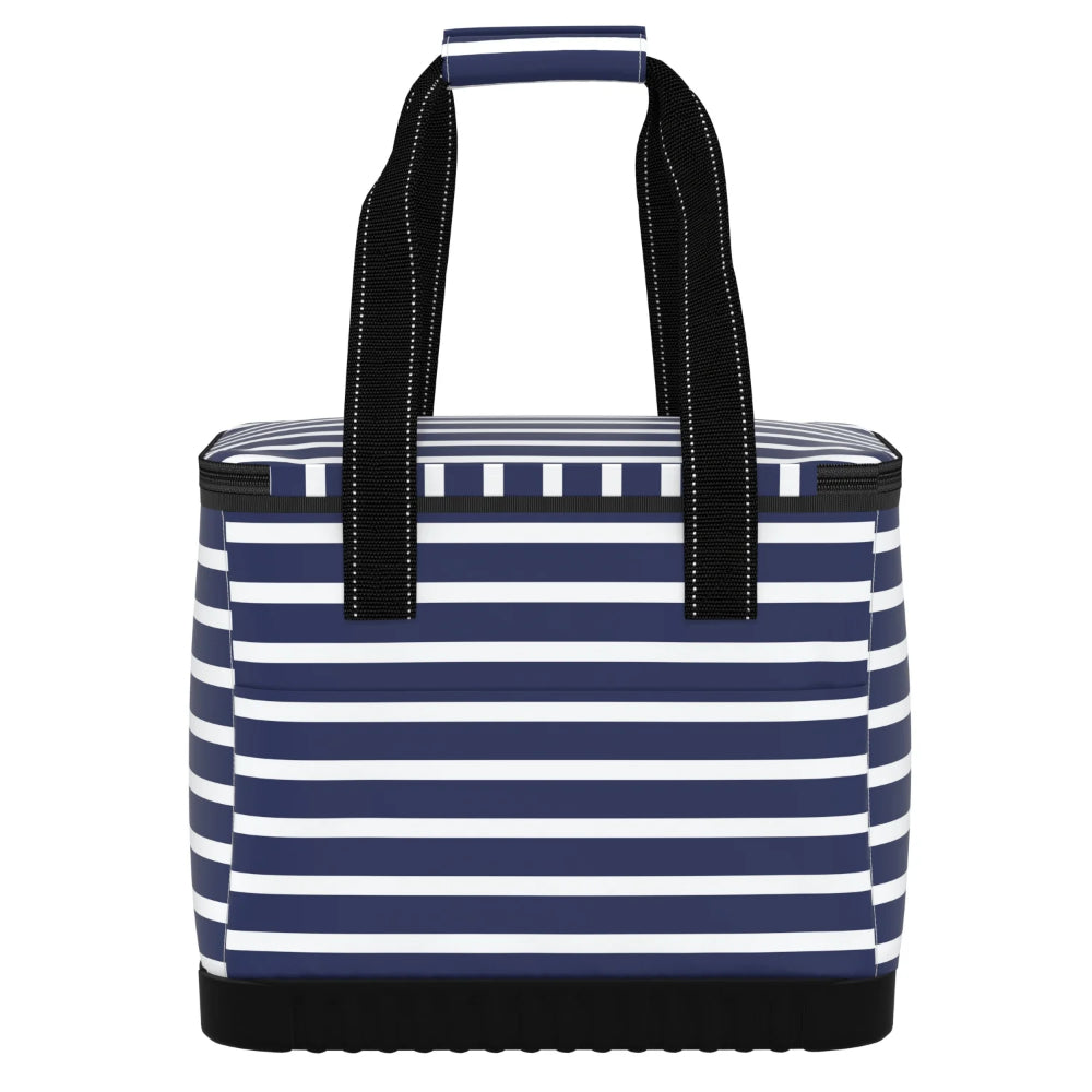 A soft cooler with navy blue and white horizontal stripes, featuring black straps and a reinforced bottom.