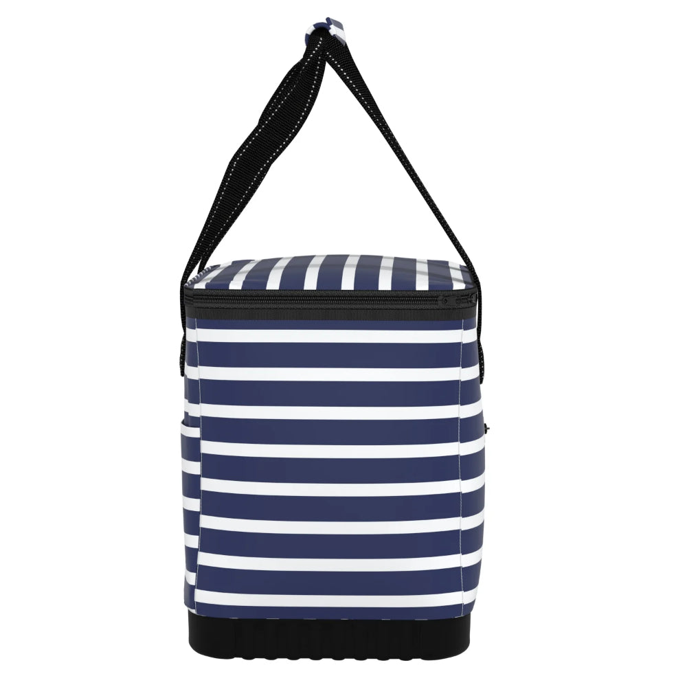 A soft cooler with navy blue and white horizontal stripes, featuring black straps and a reinforced bottom.