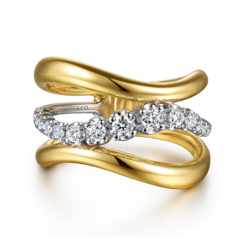 A gold and white gold ring featuring a curved, intertwined double-band design. One band is polished yellow gold, while the other is white gold set with a row of round brilliant-cut diamonds.
