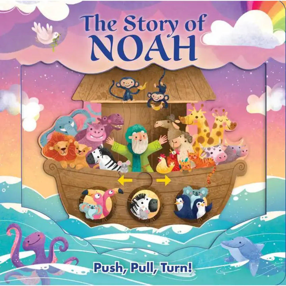Children's book cover of 'The Story of Noah' with colorful illustrations of Noah and animals on a boat.