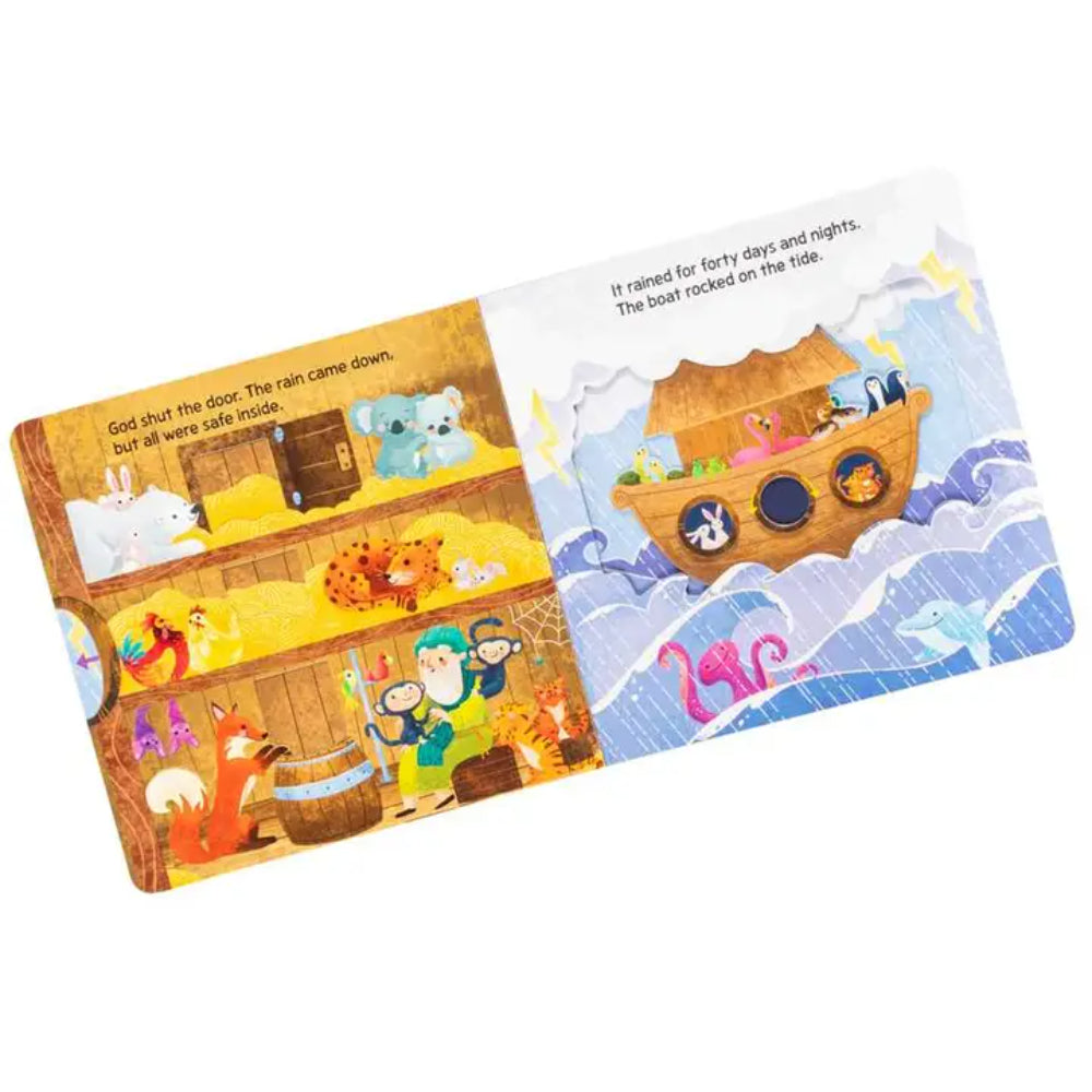 Children's book with illustrations of Noah's Ark and animals on a white background