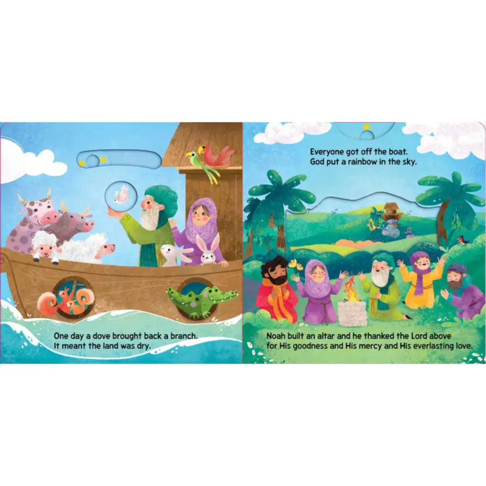 Illustrated book page showing Noah's Ark and the post-ark scene with text.