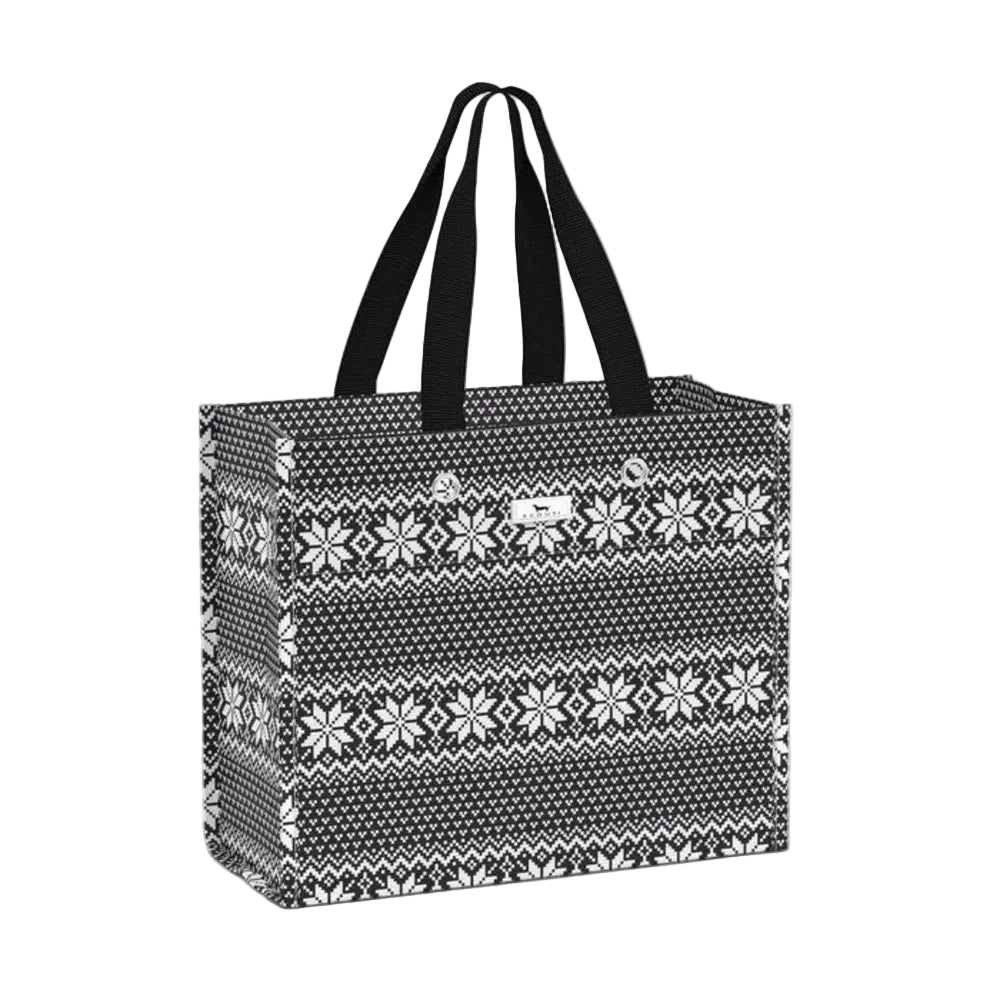 A rectangular tote bag with a black and white Nordic snowflake pattern and black shoulder straps, shown on a light gray background.