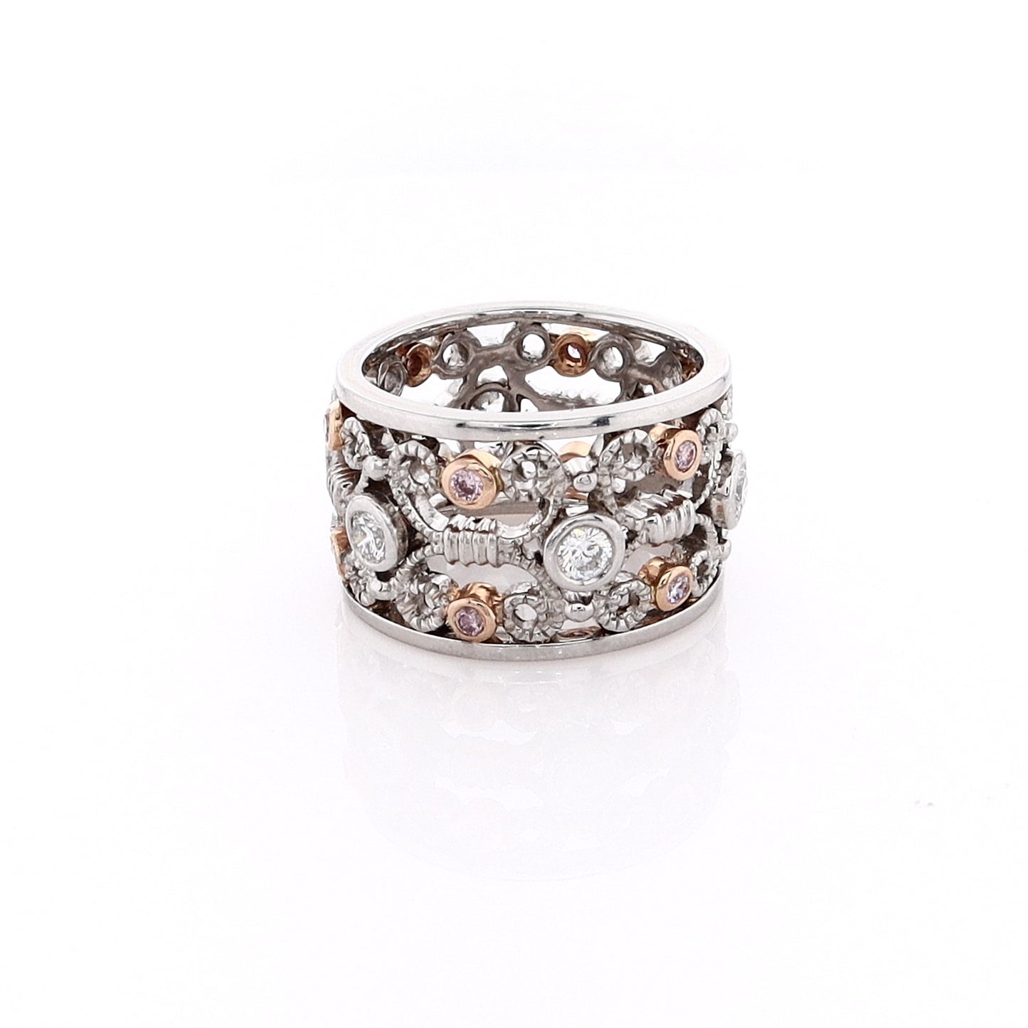 Estate Platinum and 18k Rose Gold Wide Band Open Scrollwork Diamond Ring