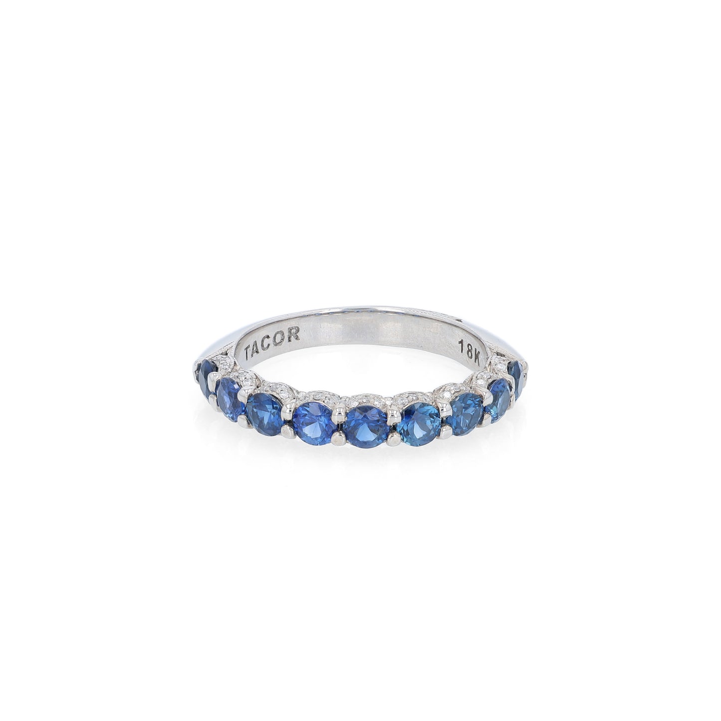 Tacori white gold sapphire and diamond halfway wedding band on a white background
