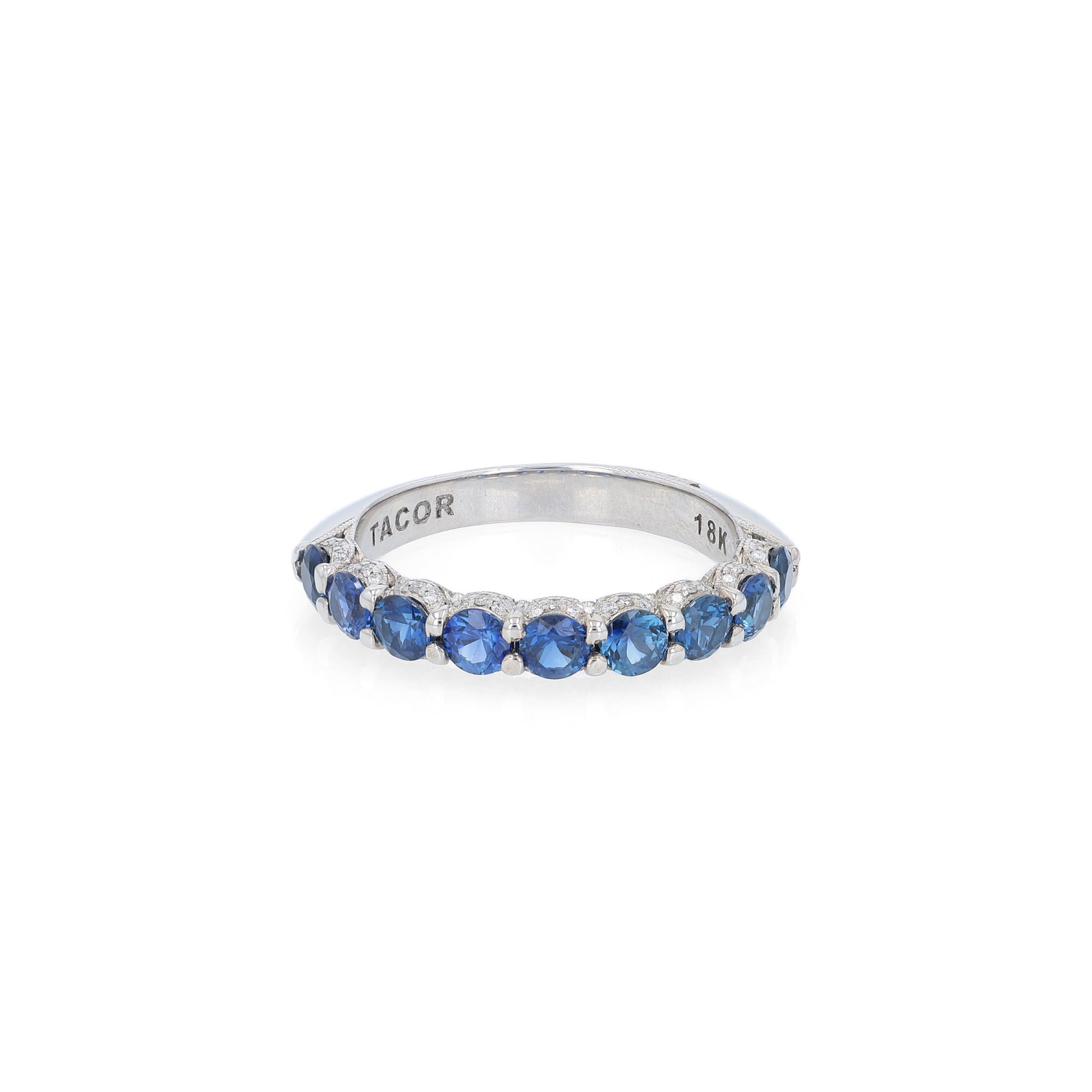 Tacori white gold sapphire and diamond halfway wedding band on a white background