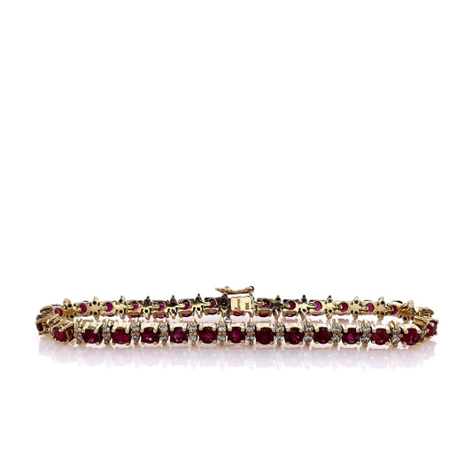 Estate 18k Yellow Gold 6.5" Alternating Ruby and Diamond Bracelet