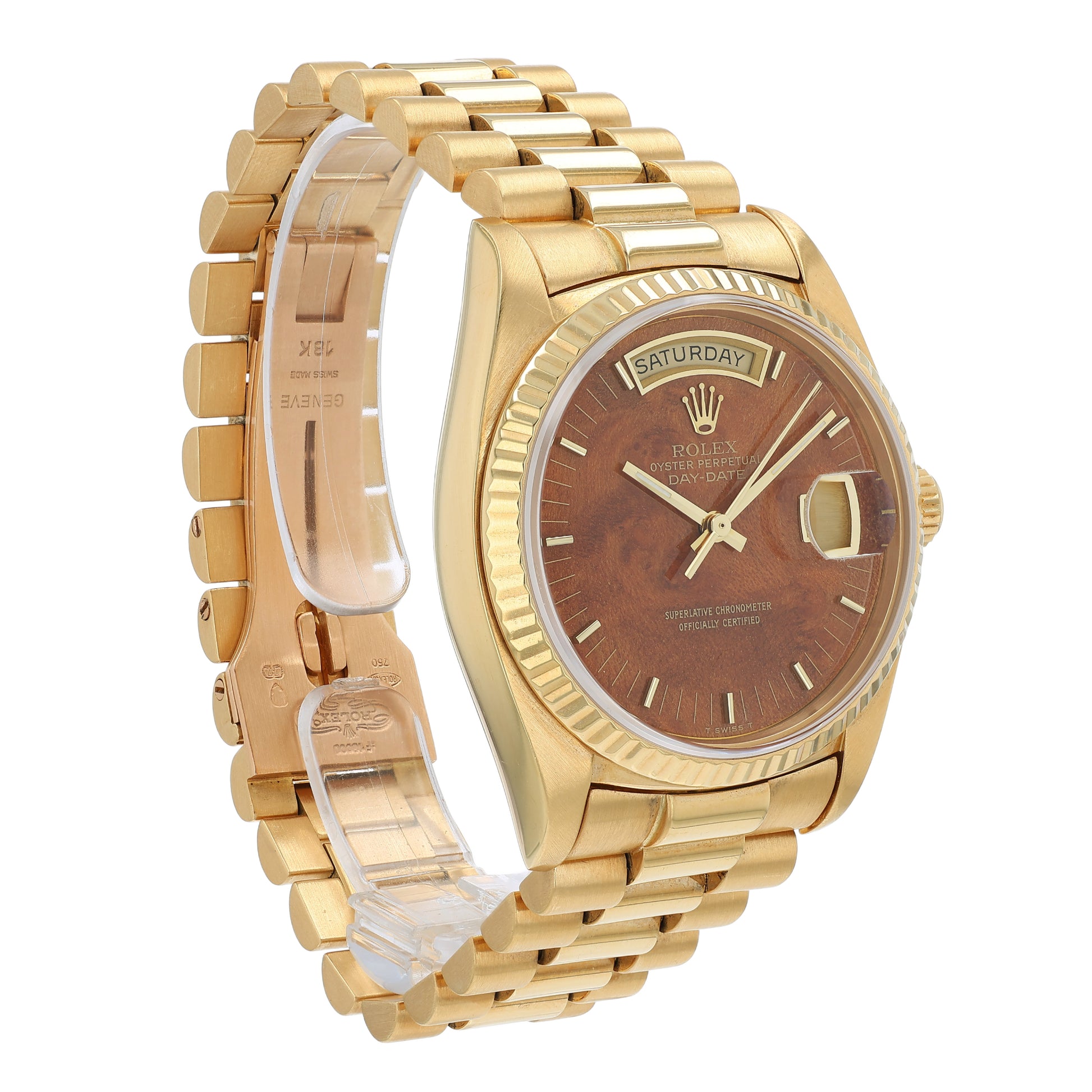 Angle of a vintage 18k yellow gold Rolex Day-Date watch with a walnut wood dial featuring gold indexes and hands on a white background