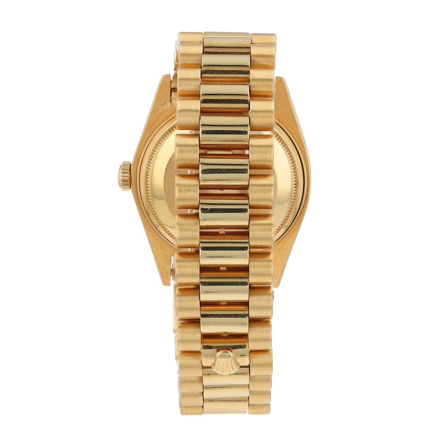 Back angle of a vintage 18k yellow gold Rolex Day-Date watch on a white background