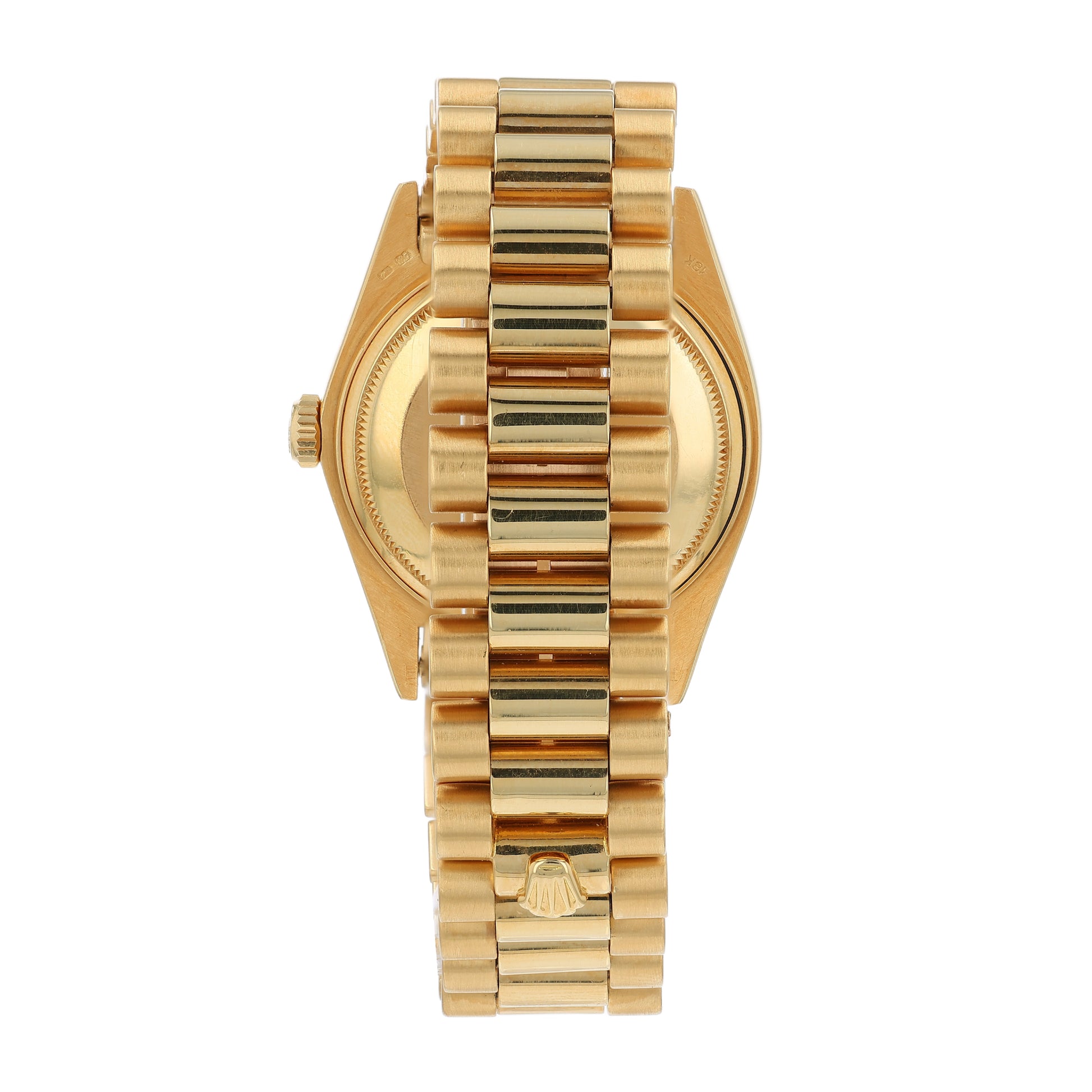 Back angle of a vintage 18k yellow gold Rolex Day-Date watch on a white background