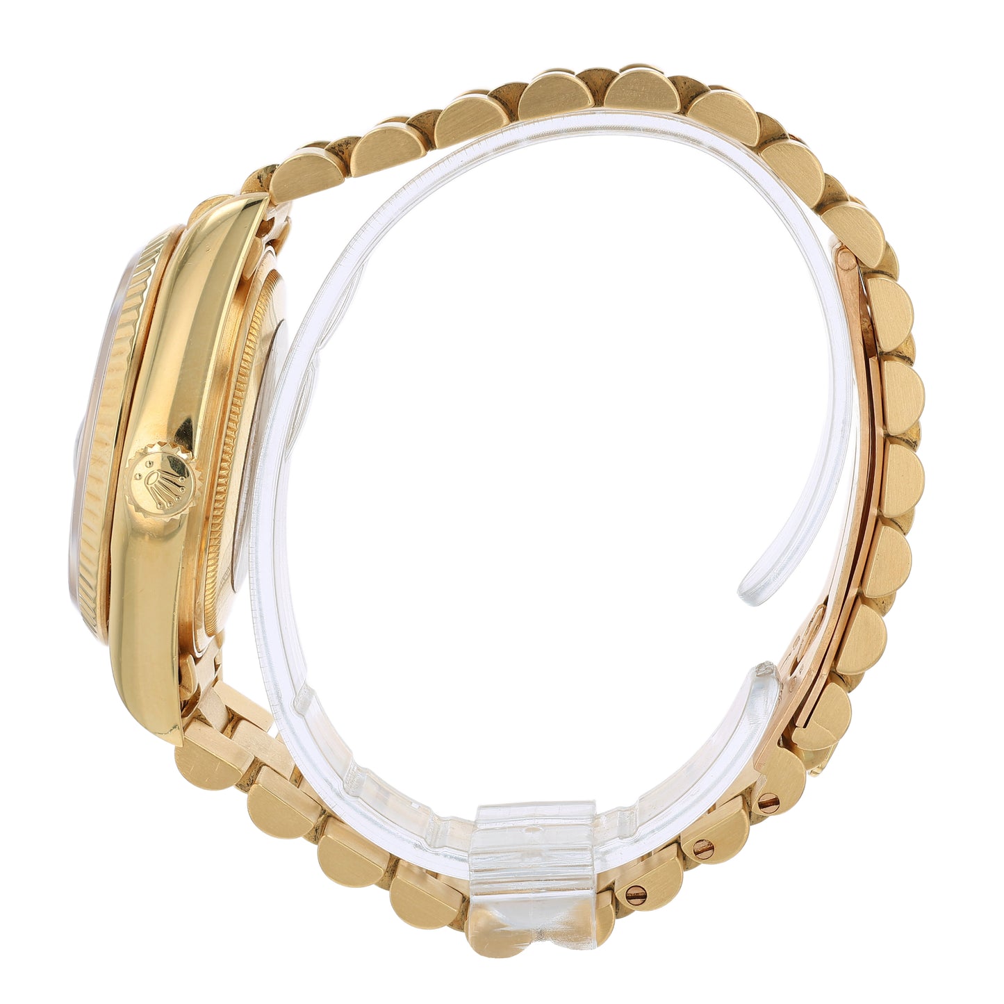 Side Profile of a vintage 18k yellow gold Rolex Day-Date watch on a white background