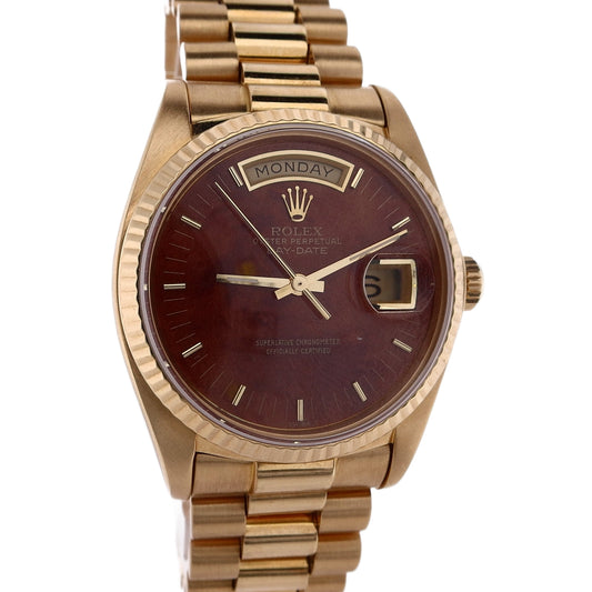 Estate Rolex 18 karat Yellow Gold Gents Day-Date Walnut Wood Dial 18038 With Box & Papers C.1980