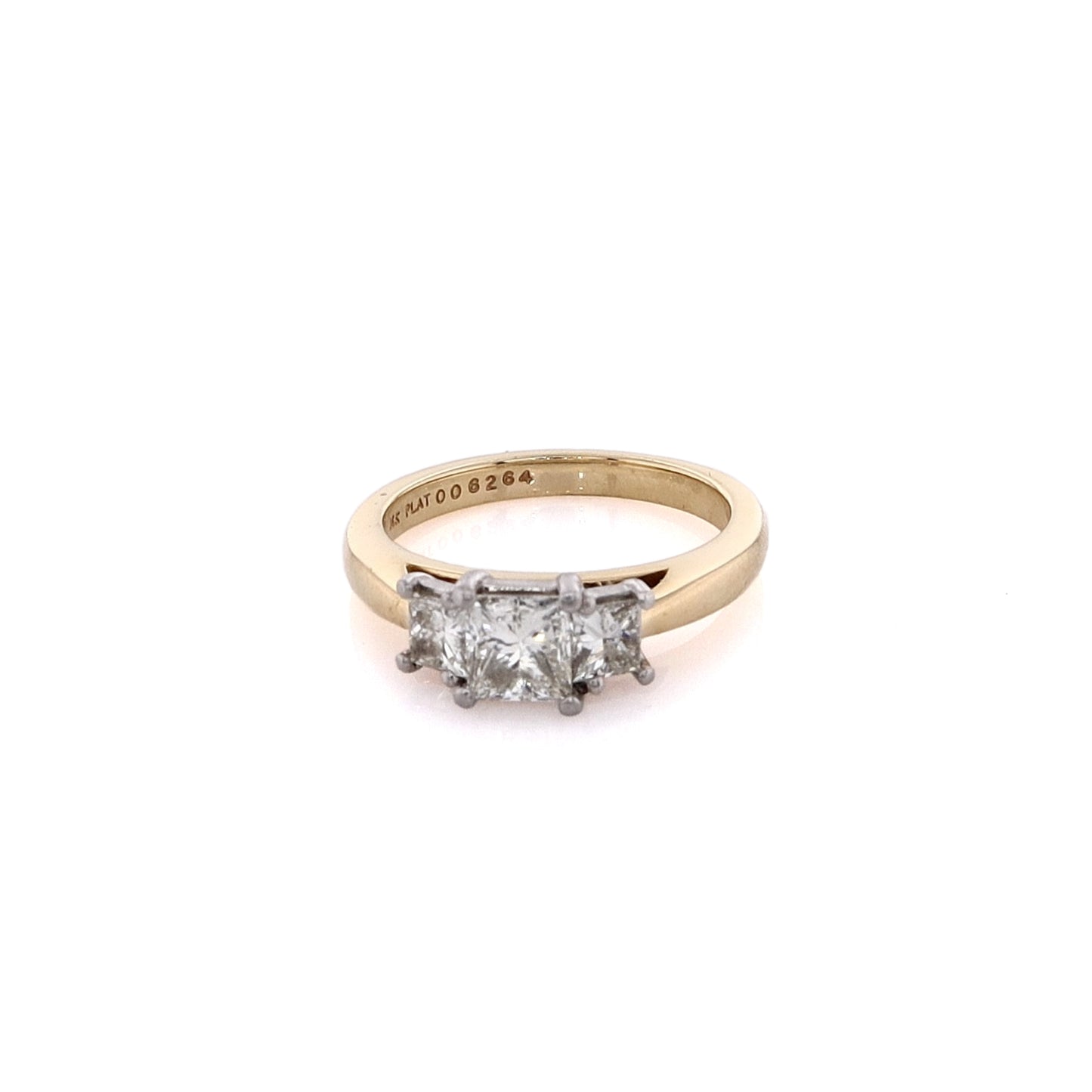 Estate Martin Flyer 18 Karat Yellow Gold and Platinum 3 Across Diamond Engagement Ring