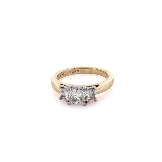 Estate Martin Flyer 18 Karat Yellow Gold and Platinum 3 Across Diamond Engagement Ring