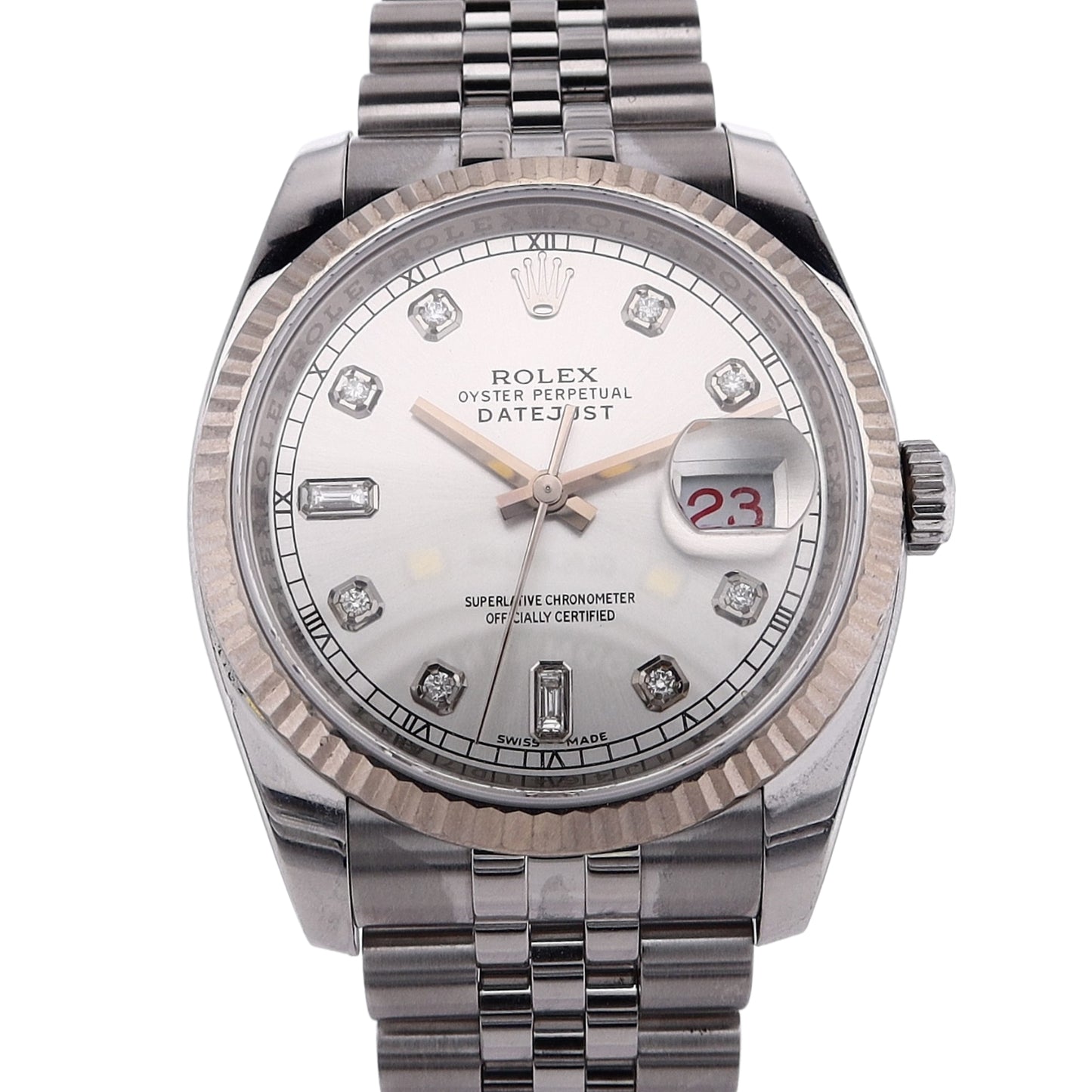 Estate Rolex Stainless Steel and 18 Karat White Gold Gentlemen's 36mm Oyster Perpetual Datejust Custom Silver Diamond Dial 18kw Fluted Bezel Jubilee Bracelet 116234 C. Random 2011+