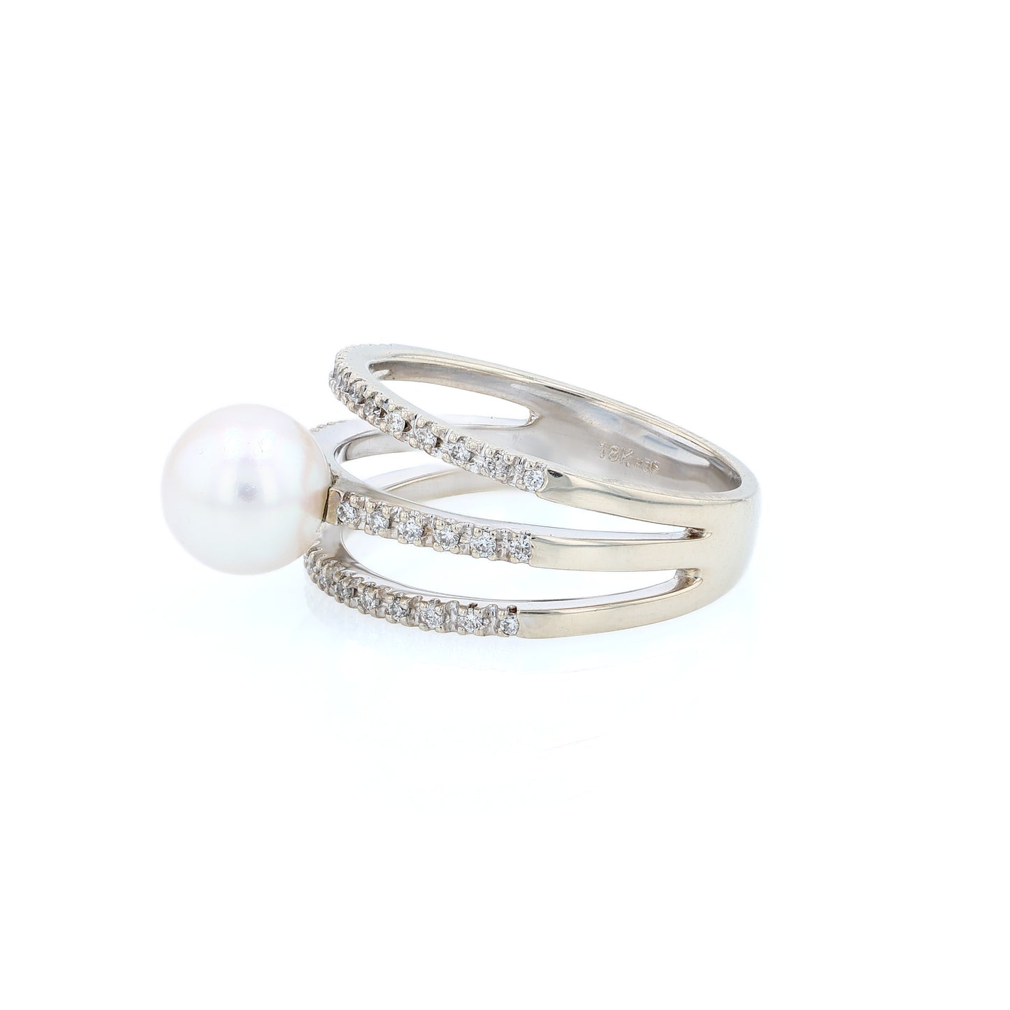 Estate 18k White Gold Three Row Diamond and Pearl Ring
