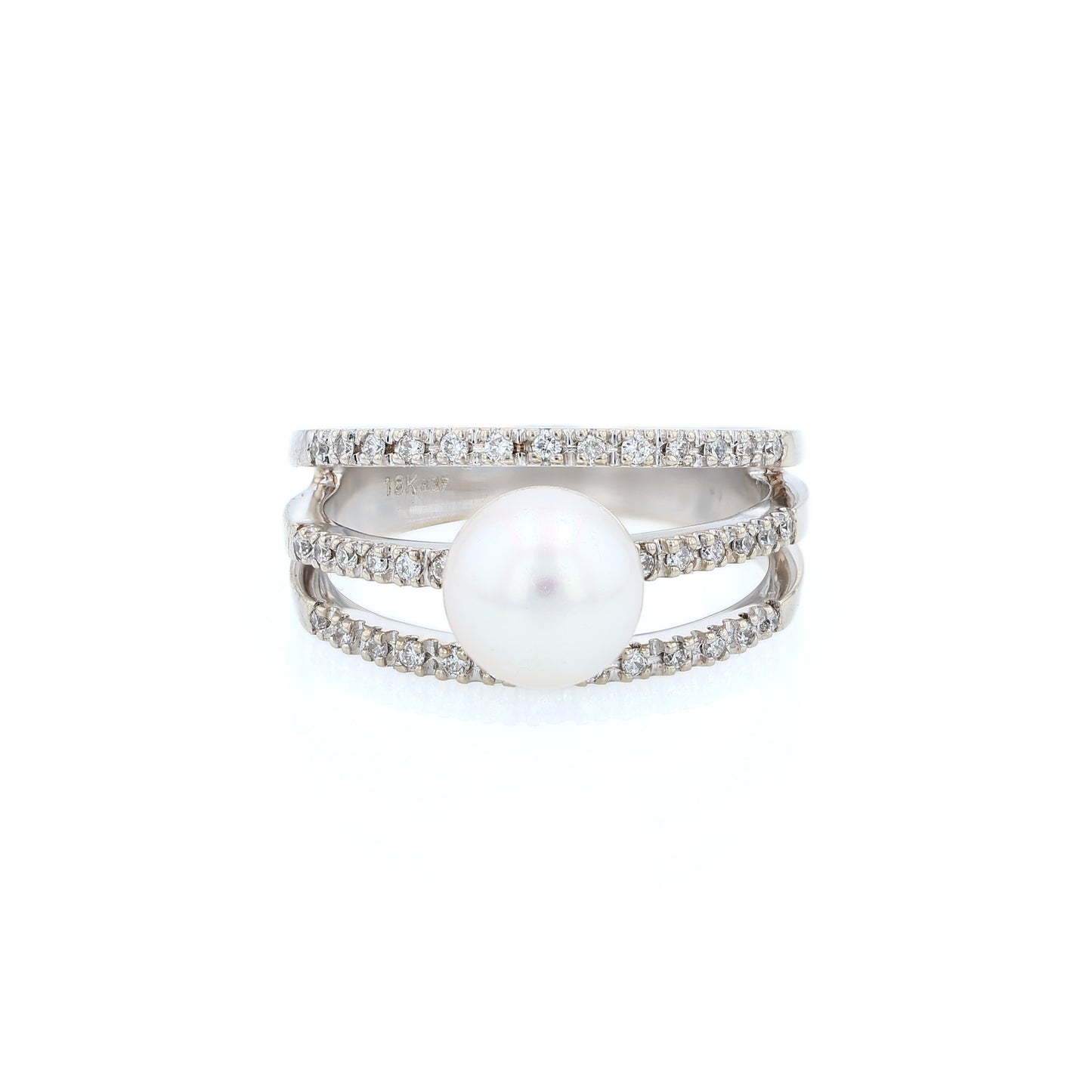 Estate 18k White Gold Three Row Diamond and Pearl Ring