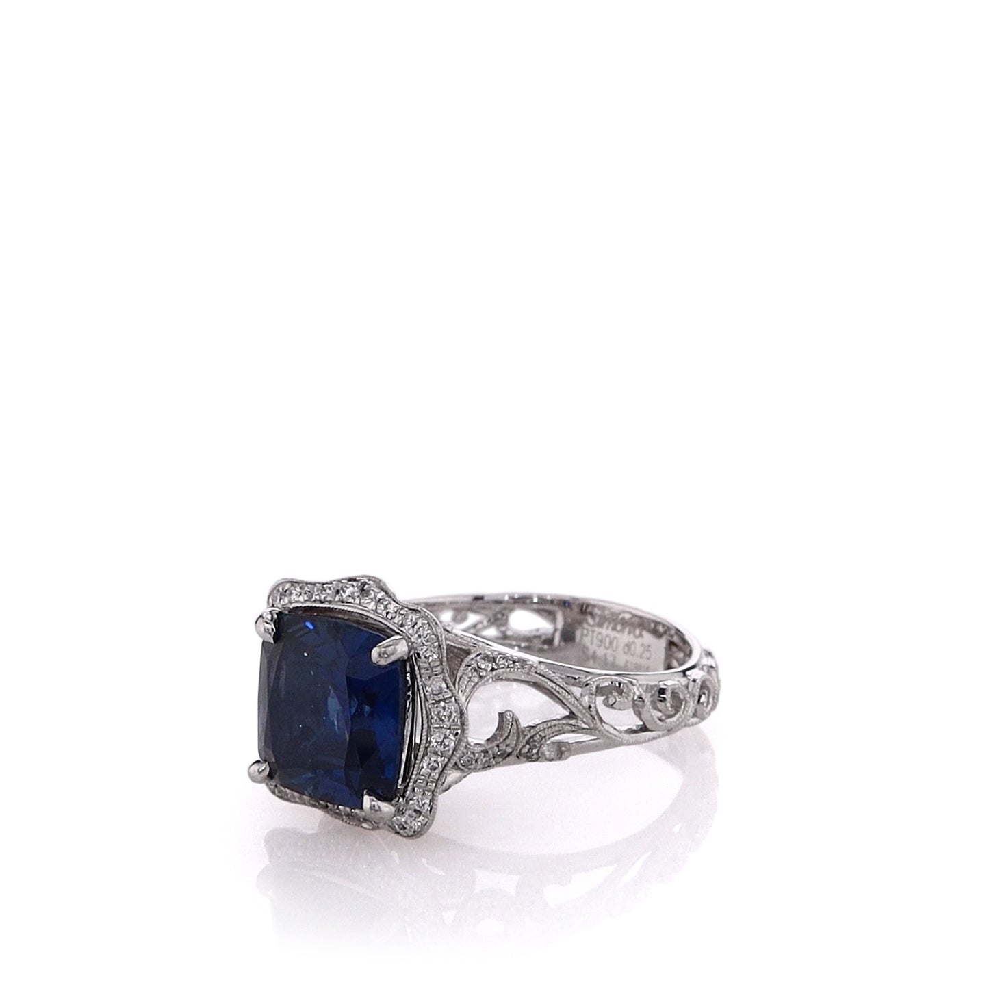 Estate Simon G Platinum Cushion Sapphire and Diamond Filigree Halo Ring