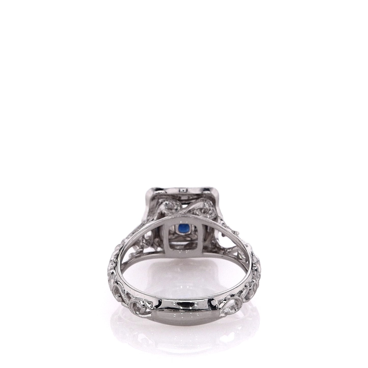 Estate Simon G Platinum Cushion Sapphire and Diamond Filigree Halo Ring