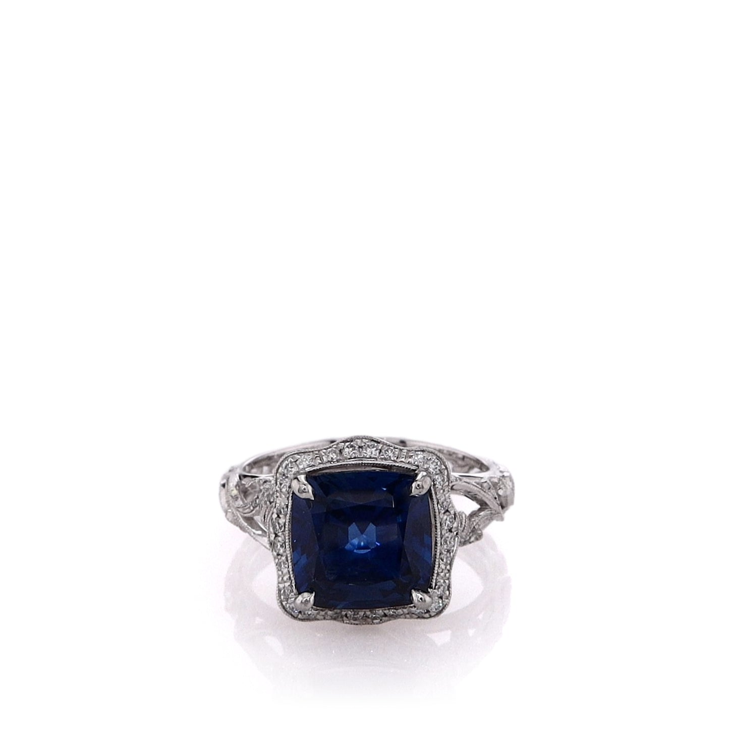 Estate Simon G Platinum Cushion Sapphire and Diamond Filigree Halo Ring