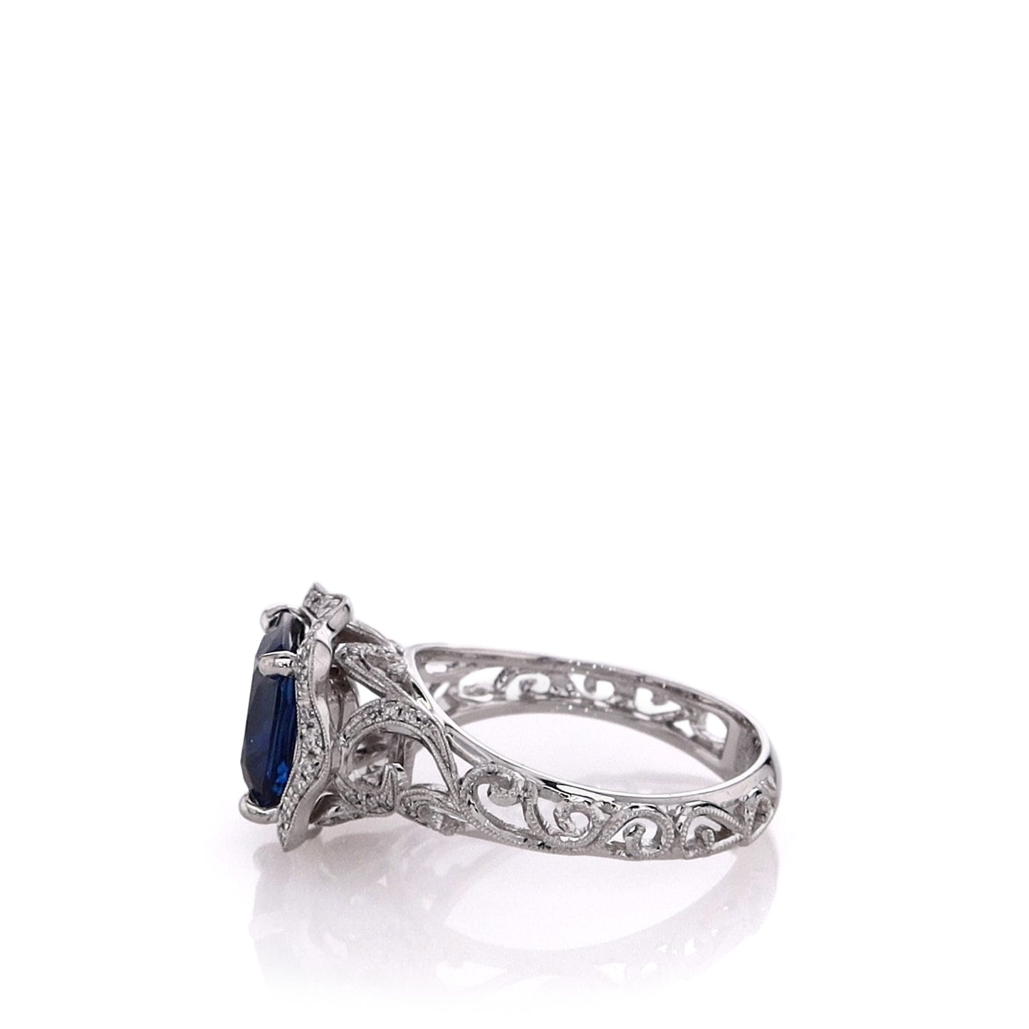Estate Simon G Platinum Cushion Sapphire and Diamond Filigree Halo Ring