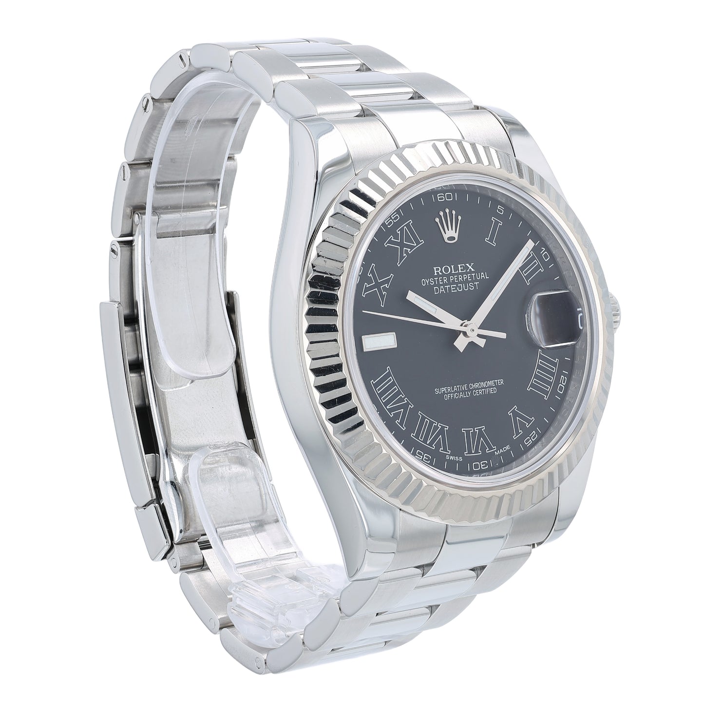 Angle of a steel Rolex watch with grey dial and Roman numerals on a white background
