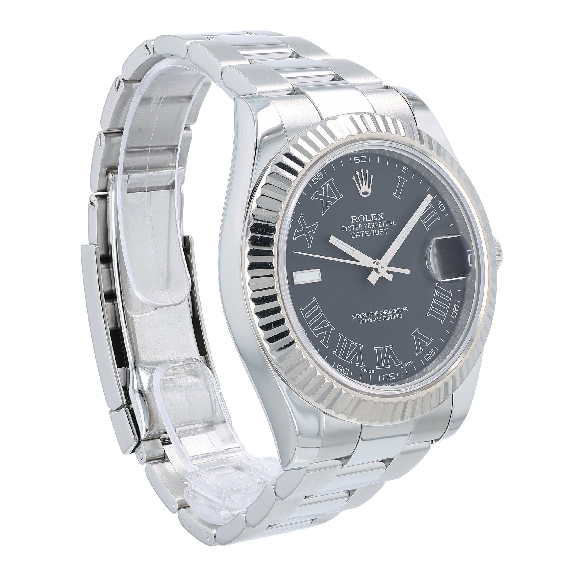 Angle of a steel Rolex watch with grey dial and Roman numerals on a white background