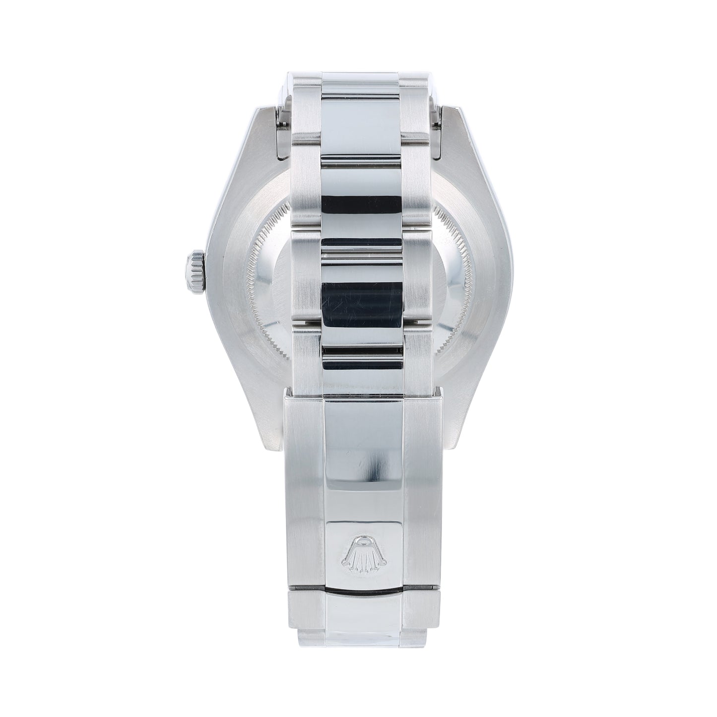 Back angle of a steel Rolex watch on a white background