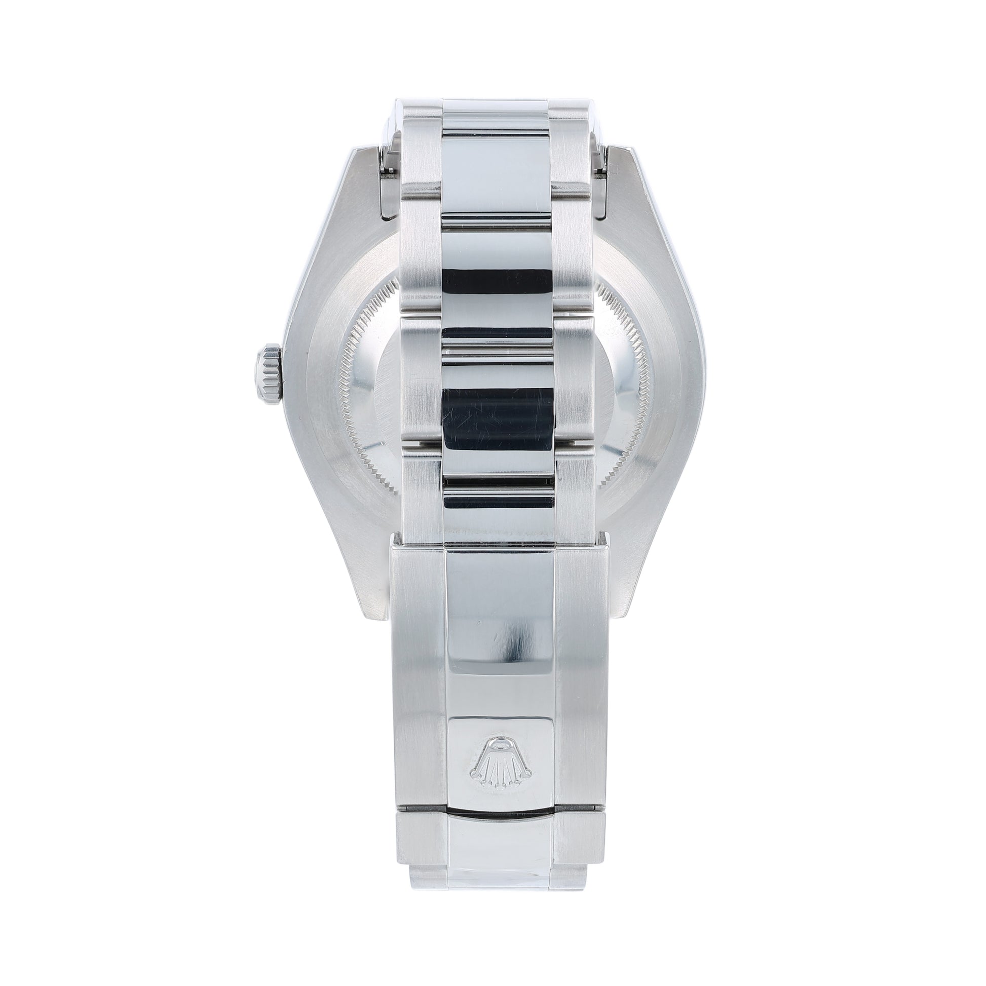 Back angle of a steel Rolex watch on a white background