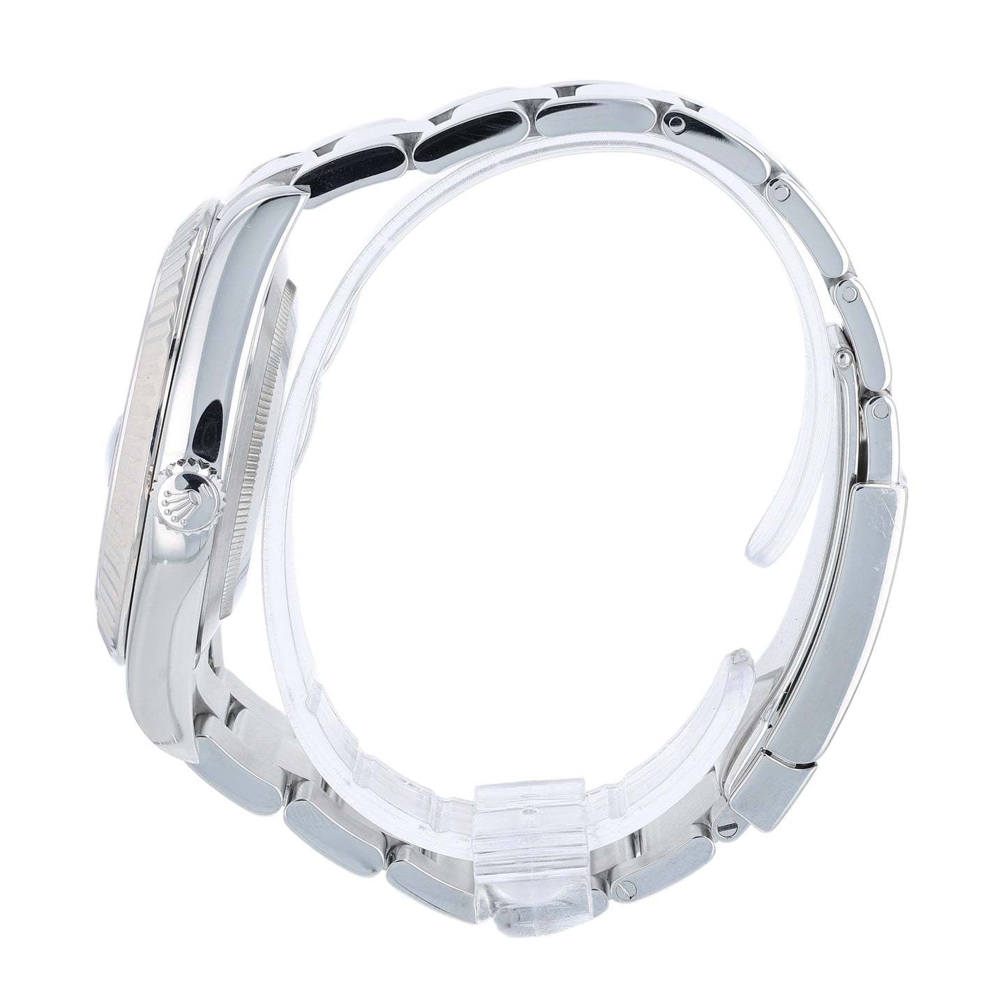 Side Profile of a steel Rolex watch on a white background