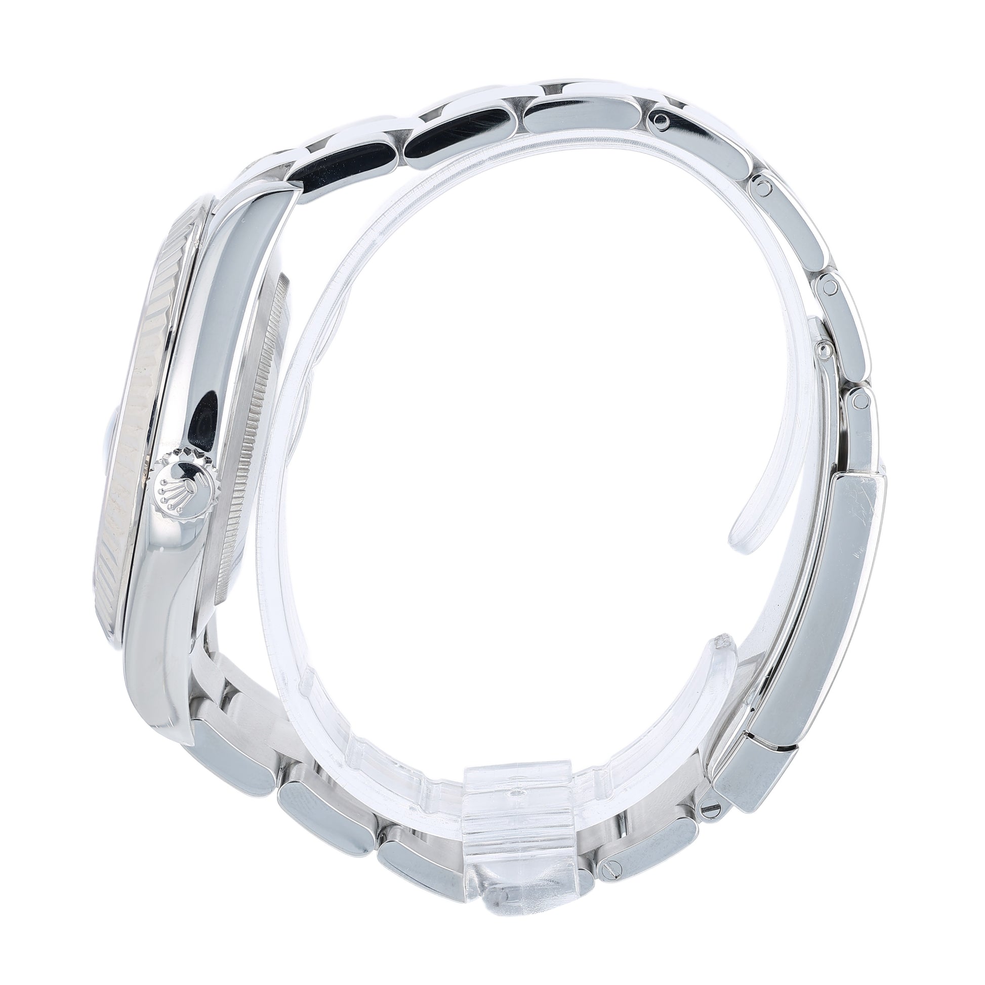Side Profile of a steel Rolex watch on a white background