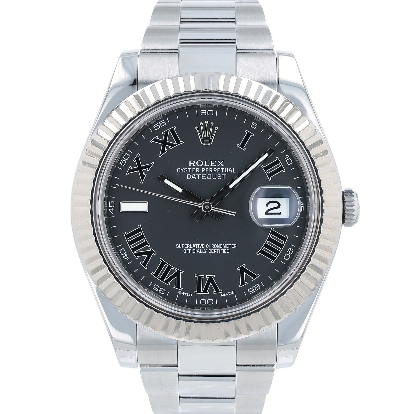 Steel Rolex watch with grey dial and Roman numerals on a white background